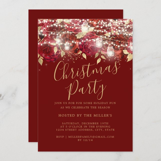 Red Gold Foliage Lights Christmas Party   Invitation (Front/Back)