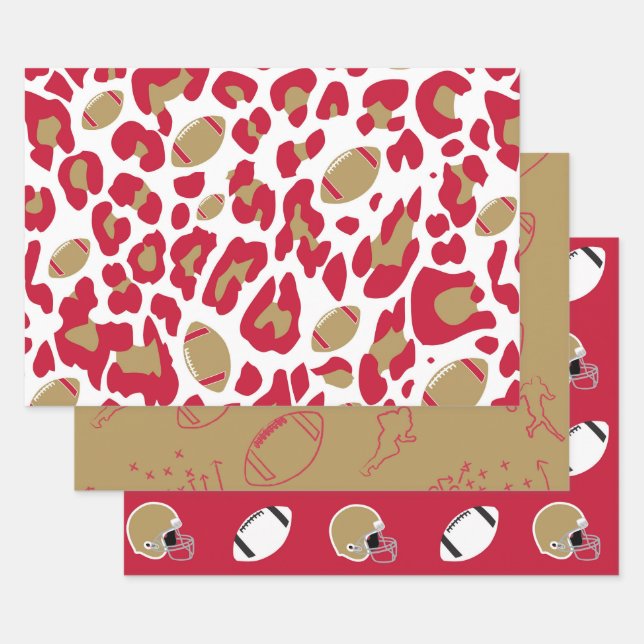 Red & Gold Football Leopard Print Game Day Pattern Wrapping Paper Sheet (Set)