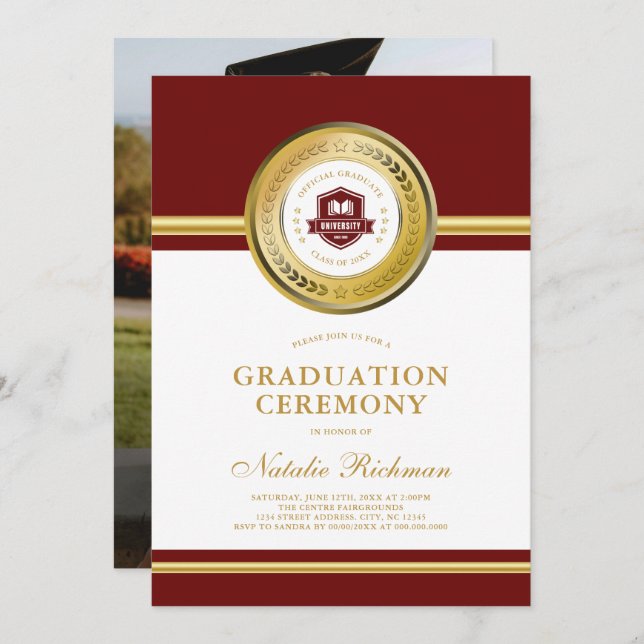 Red & Gold Formal Graduation Ceremony Photo Invitation (Front/Back)