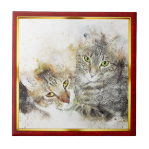 Red & Gold Framed Abstract Cat Print Ceramic Tile