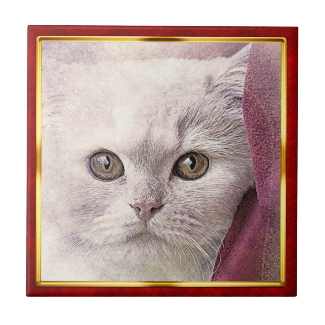 Red & Gold Framed Abstract Cat Print Ceramic Tile (Front)