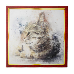 Red & Gold Framed Abstract Cat Print Ceramic Tile