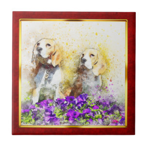 Red & Gold Framed Abstract Dog Print Ceramic Tile