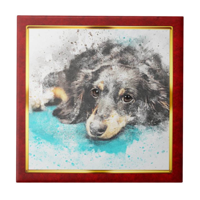 Red & Gold Framed Abstract Dog Print Ceramic Tile (Front)