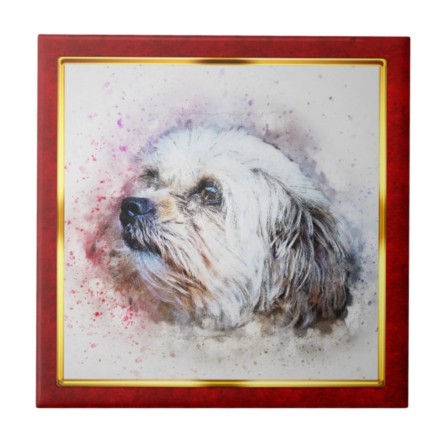 Red & Gold Framed Abstract Dog Print Ceramic Tile (Front)