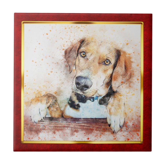 Red & Gold Framed Abstract Dog Print Ceramic Tile (Front)