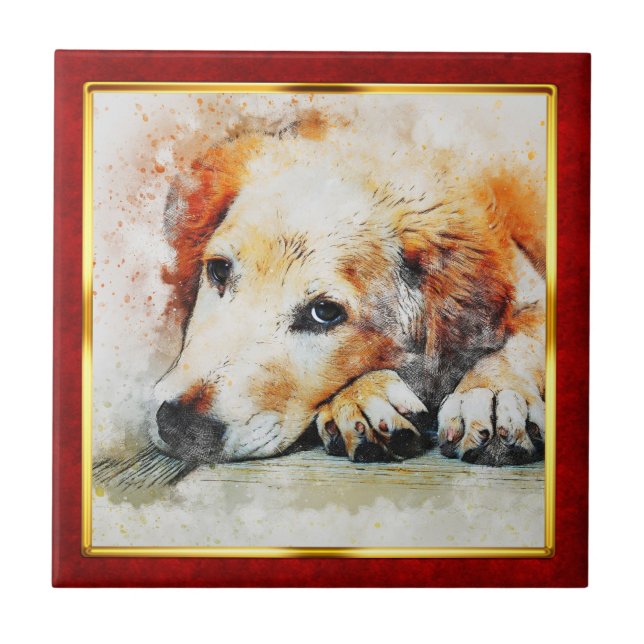 Red & Gold Framed Abstract Dog Print Ceramic Tile (Front)