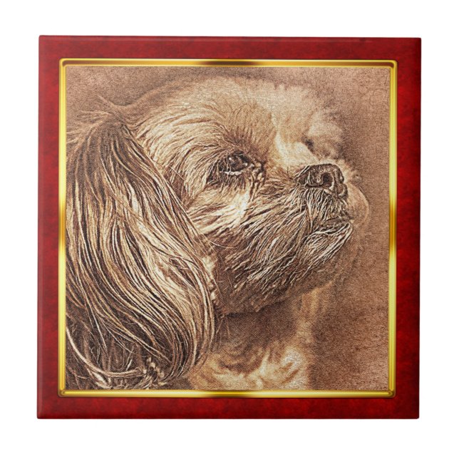 Red & Gold Framed Abstract Dog Print Ceramic Tile (Front)