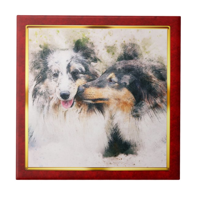 Red & Gold Framed Abstract Dog Print Ceramic Tile (Front)
