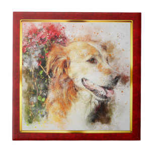 Red & Gold Framed Abstract Dog Print Ceramic Tile