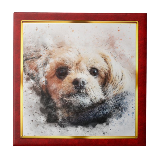 Red & Gold Framed Abstract Dog Print Ceramic Tile (Front)