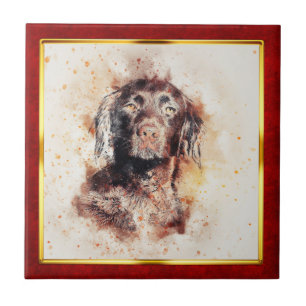 Red & Gold Framed Abstract Dog Print Ceramic Tile