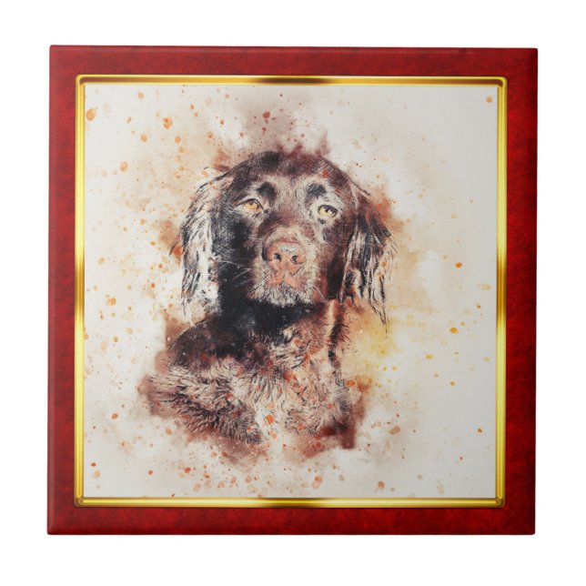 Red & Gold Framed Abstract Dog Print Ceramic Tile (Front)