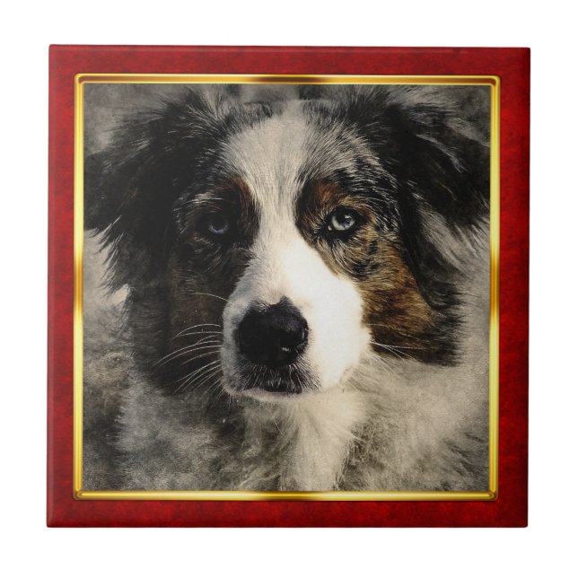 Red & Gold Framed Abstract Dog Print Ceramic Tile (Front)
