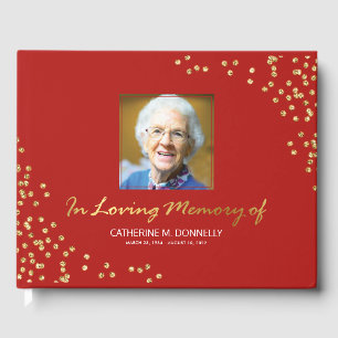 Red Gold Funeral Condolence   Photo Memorial Guest Book