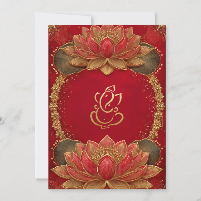 Red Gold Ganesha Indian Ethnic Lotus Wedding Invitation (Front)