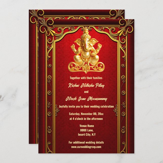 Red gold ganesha indian hindi hindu wedding invitation (Front/Back)