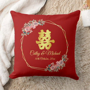 Red gold geometric floral wreath Chinese wedding Cushion