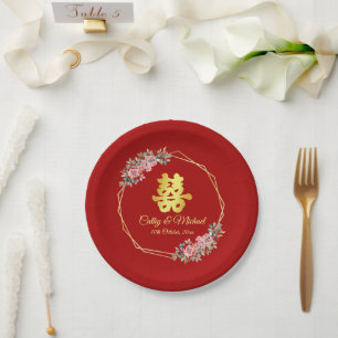 Red gold geometric floral wreath Chinese wedding Paper Plate