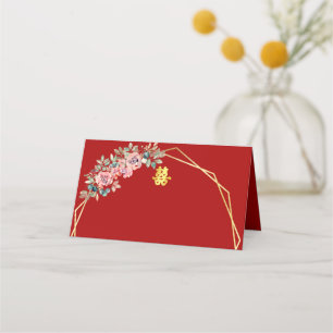 Red gold geometric floral wreath Chinese wedding Place Card