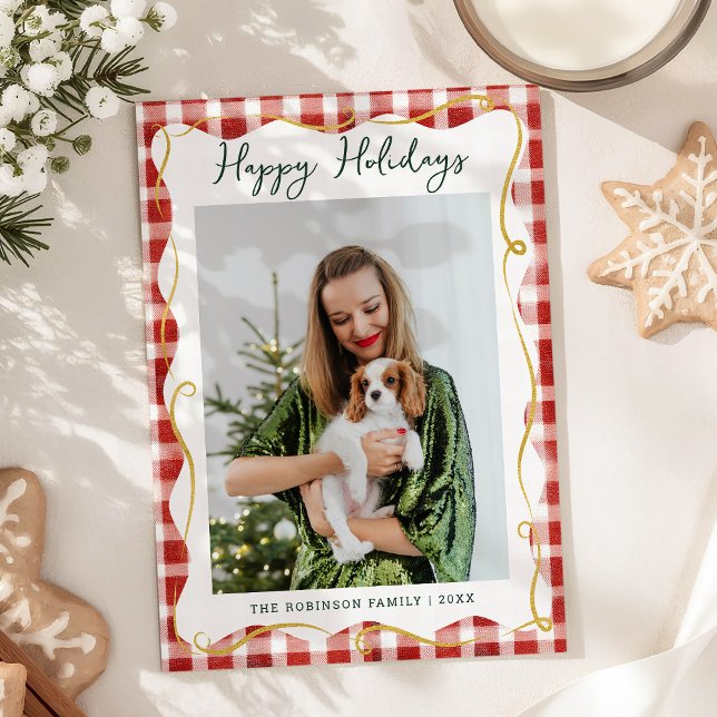 Red & Gold Gingham Pattern Happy Holidays 1 Photo Holiday Card (Creator Uploaded)