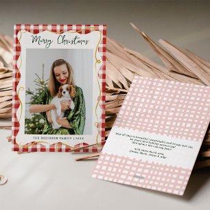 Red & Gold Gingham Pattern Merry Christmas 1 Photo Holiday Card