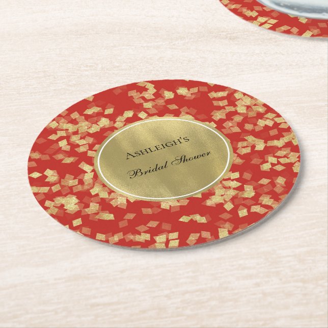 Red Gold Glam Confetti Bridal Shower Round Paper Coaster (Angled)