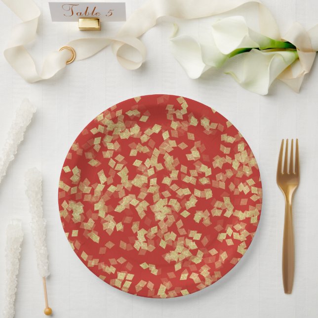 Red Gold Glam Confetti  Paper Plate (Wedding)