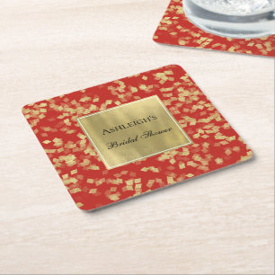 Red Gold Glam Confetti Square Paper Coaster