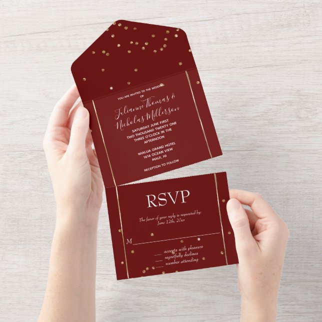 Red Gold Glam Confetti Wedding All In One Invitation (Tearaway)