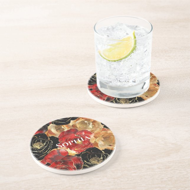 Red Gold Glam Flowers Birthday Coaster (Side)