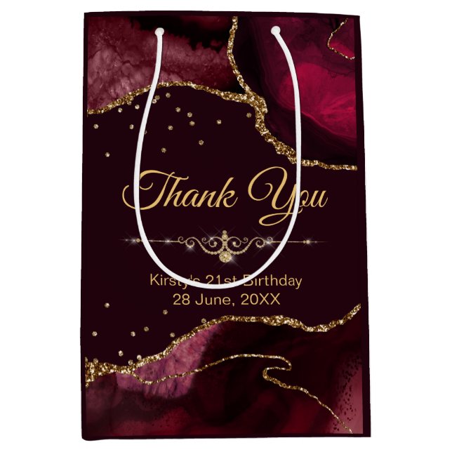 Red & Gold Glitter Agate Birthday Thank You Medium Gift Bag (Front)