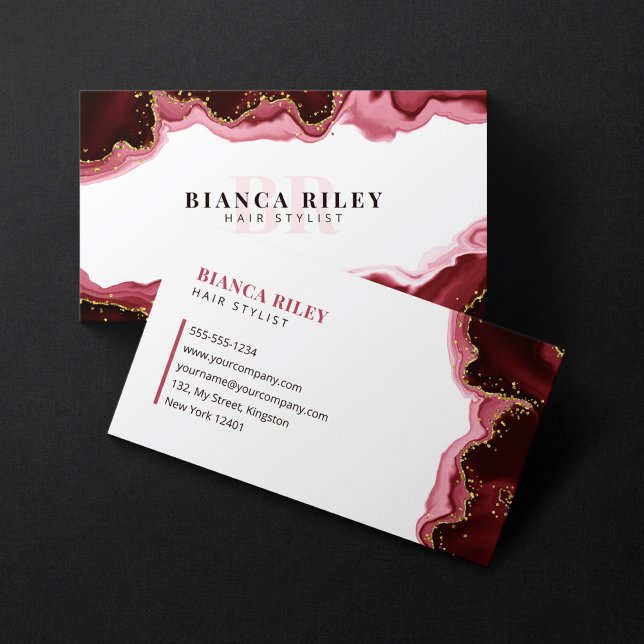 Red Gold Glitter Agate HairStylist Initial Logo Business Card (Creator Uploaded)