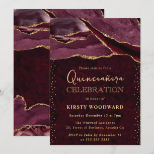 Red Gold Glitter Agate Quinceanera Invitation