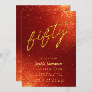 Red Gold Glitter Calligraphy Elegant 50th Birthday Invitation