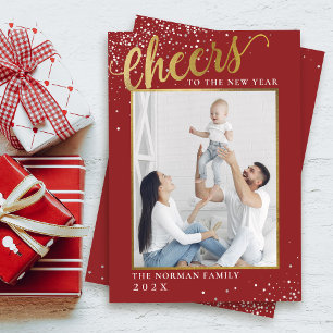 Red Gold Glitter Cheers to the New Year Photo Holiday Card