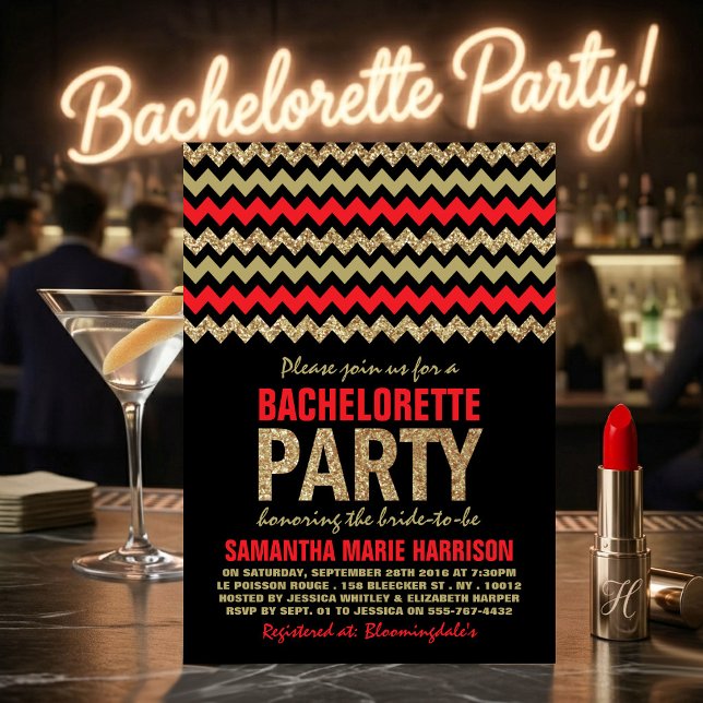 Red & Gold Glitter Chevron Bachelorette Party Invitation (Creator Uploaded)
