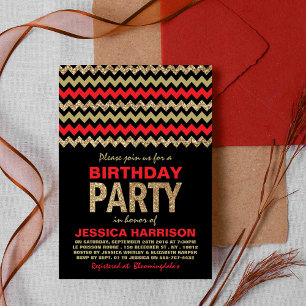 Red & Gold Glitter Chevron Birthday Party Invitation