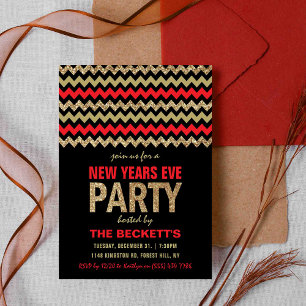 Red & Gold Glitter Chevron New Years Party Invitation