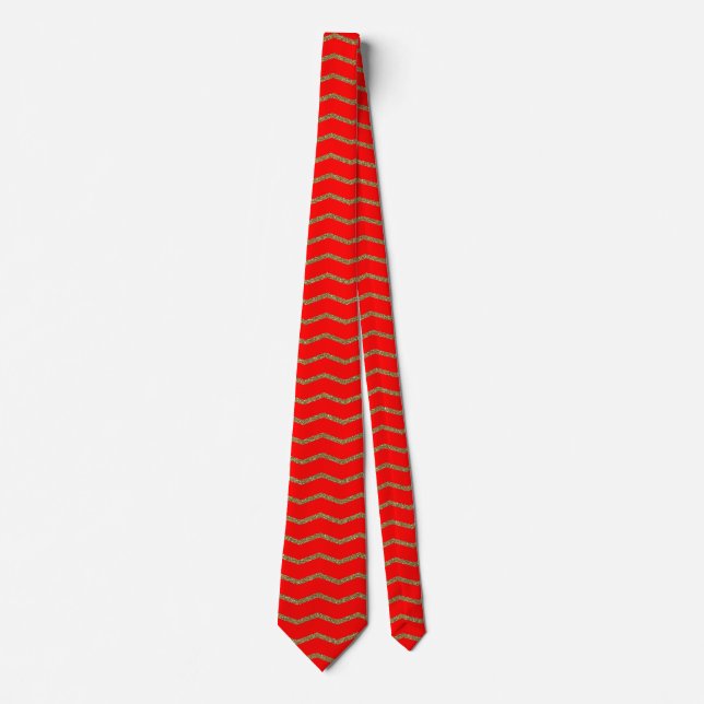 Red Gold Glitter Chevron Stripe Pattern Tie (Front)