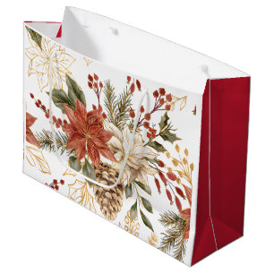 Red Gold Glitter Christmas Floral Large Gift Bag