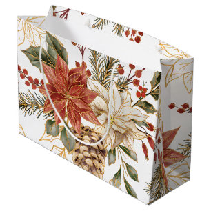 Red Gold Glitter Christmas Floral  Large Gift Bag