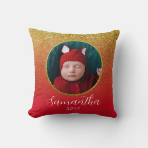 Red Gold Glitter Christmas Personalised Baby Photo Cushion