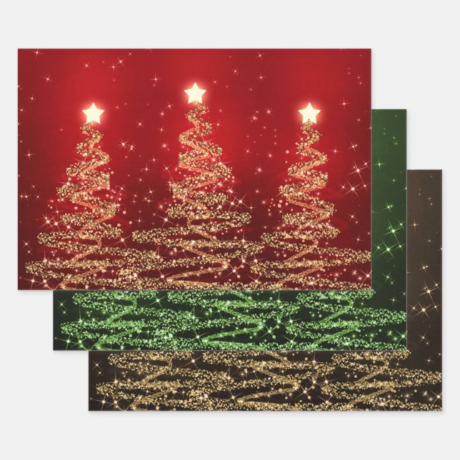 Red & Gold Glitter Christmas Trees Holiday Wrapping Paper Sheet (Set)