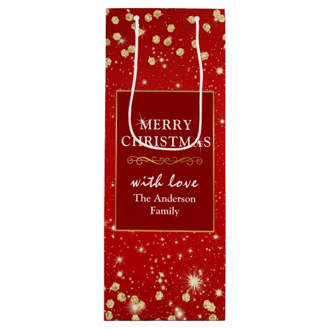 Red & Gold Glitter Christmas Wine Gift Bag (Front)
