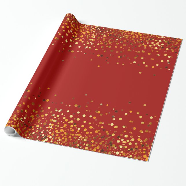 Red Gold Glitter Confetti Faux Foil Wrapping Paper (Unrolled)