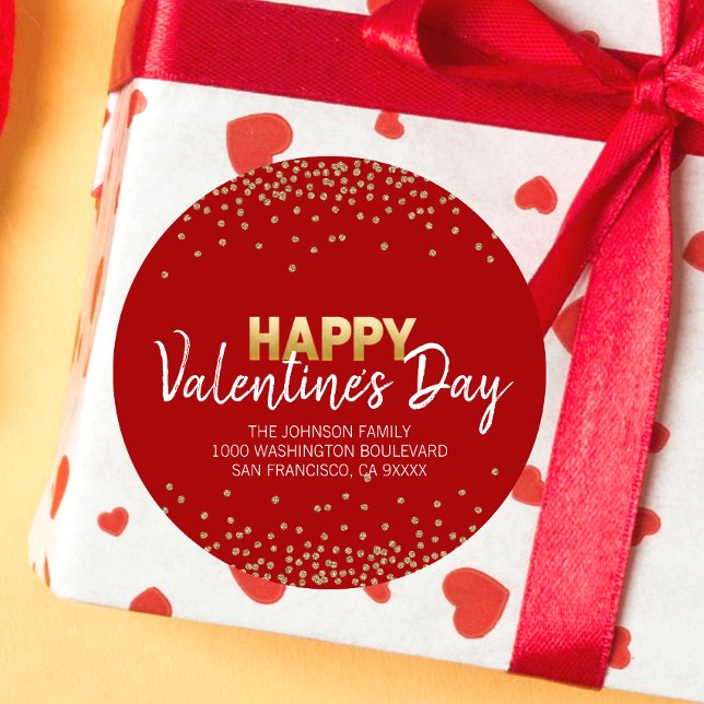 RED Gold Glitter Confetti HAPPY VALENTINE's DAY Classic Round Sticker (Creator Uploaded)