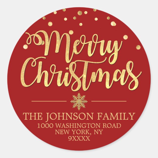 RED Gold Glitter Confetti Merry Christmas Address Classic Round Sticker (Front)