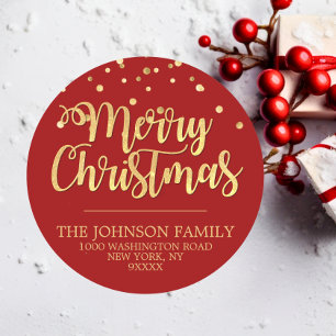 RED Gold Glitter Confetti Merry Christmas Address Classic Round Sticker