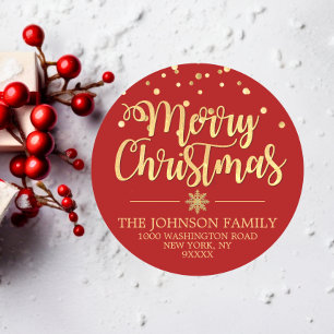 RED Gold Glitter Confetti Merry Christmas Address Classic Round Sticker